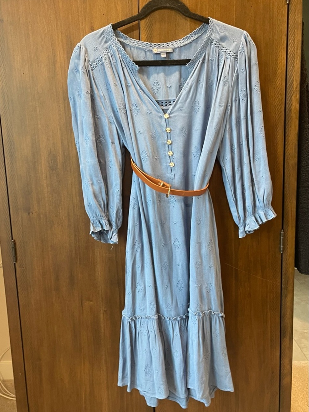 Democracy Blue Eyelet Midi Dress with Puff Sleeves